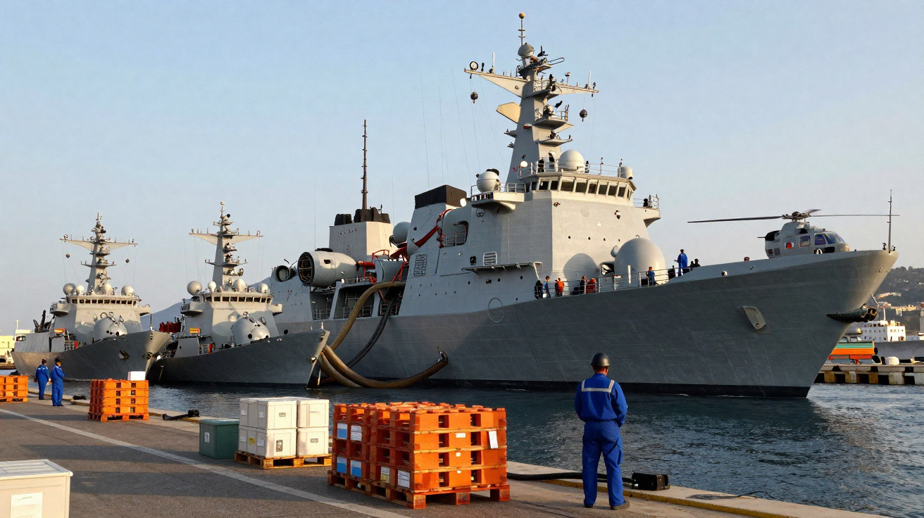 Três navios de guerra cinza ancorados no porto com tripulantes no convés e um helicóptero no convés dianteiro.