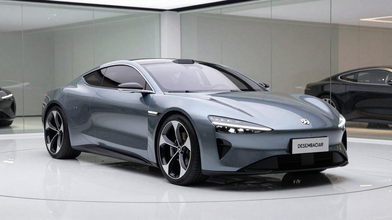 Carro esportivo elétrico cinza em exposição em ambiente moderno com paredes espelhadas.