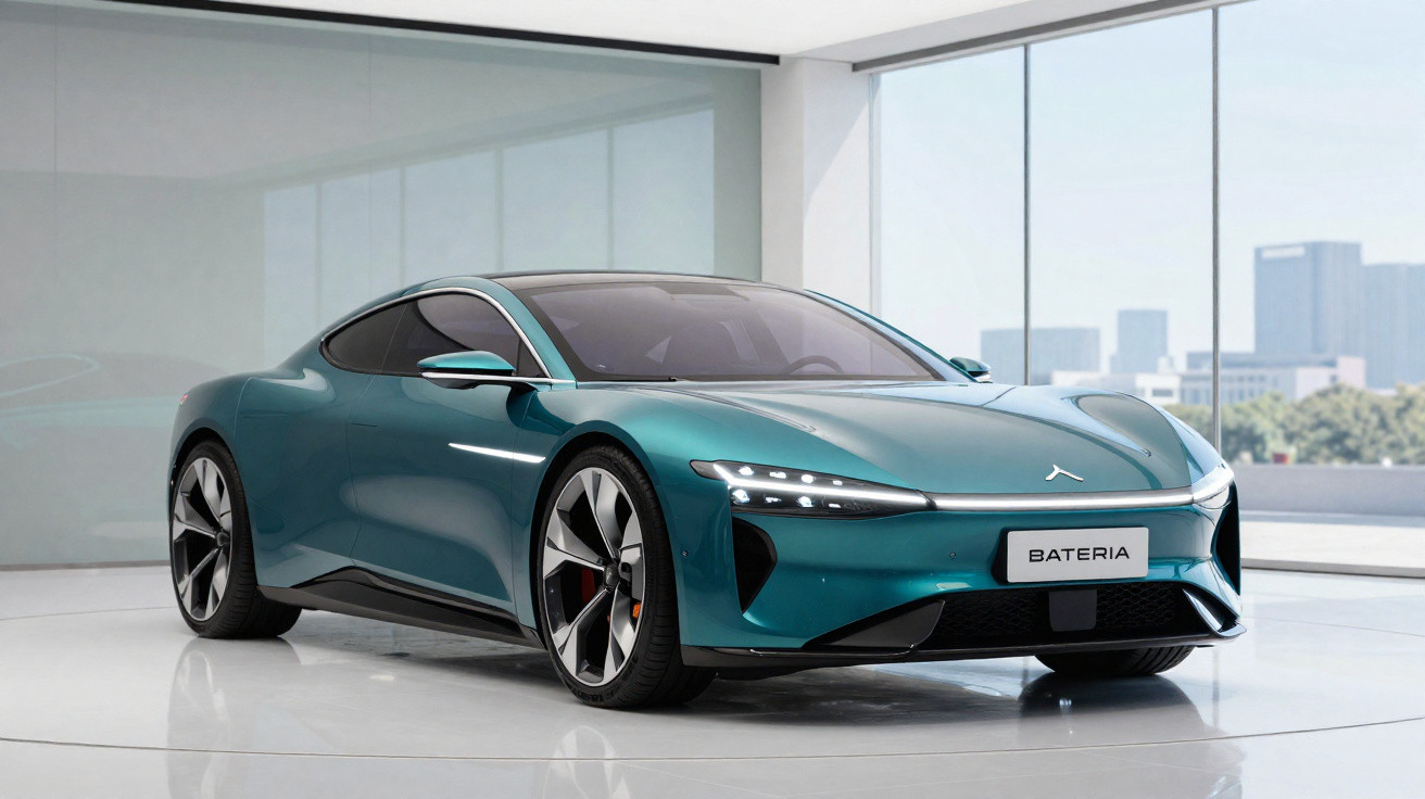 Carro esportivo elétrico azul exibido em ambiente interno moderno com grandes janelas de vidro.