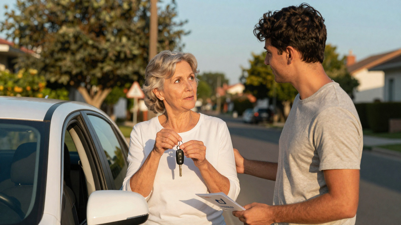 Mulher mais velha recebendo as chaves de um carro de um homem jovem em uma rua residencial.
