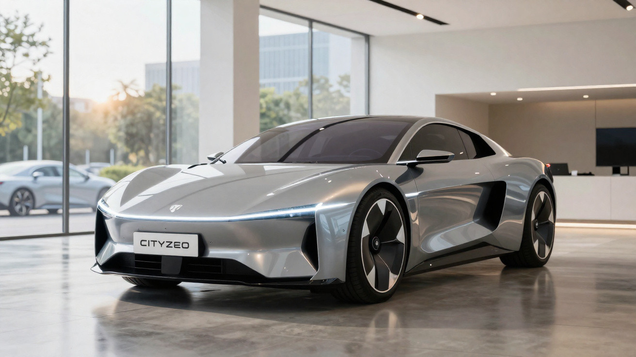 Carro esportivo elétrico prata Cityzeo em showroom moderno com iluminação natural e teto branco.