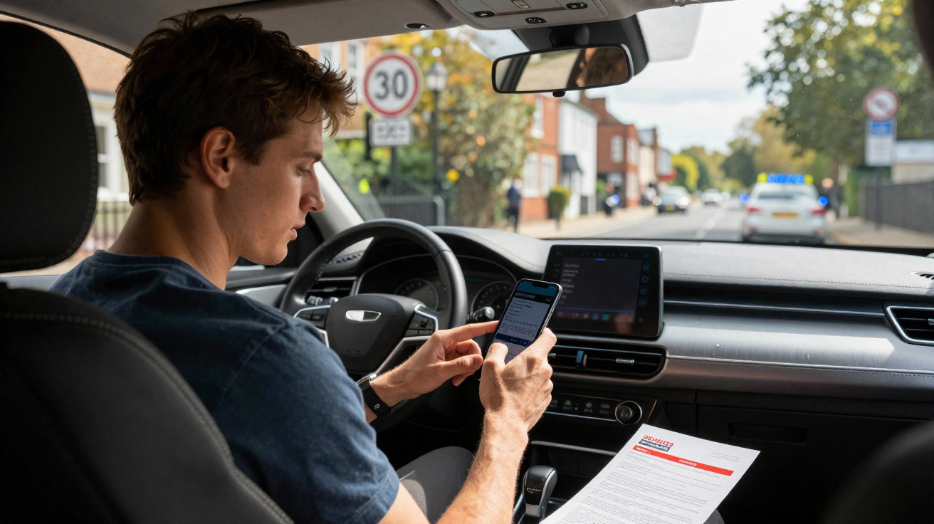 Homem dirigindo e usando celular enquanto segura documento dentro de carro parado na rua.