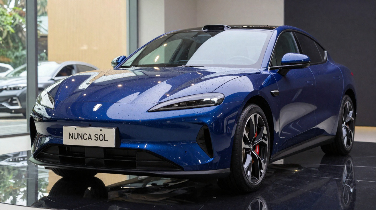 Carro elétrico sedã azul metálico com placa personalizada "NUNCA SOL" em exposição interna.