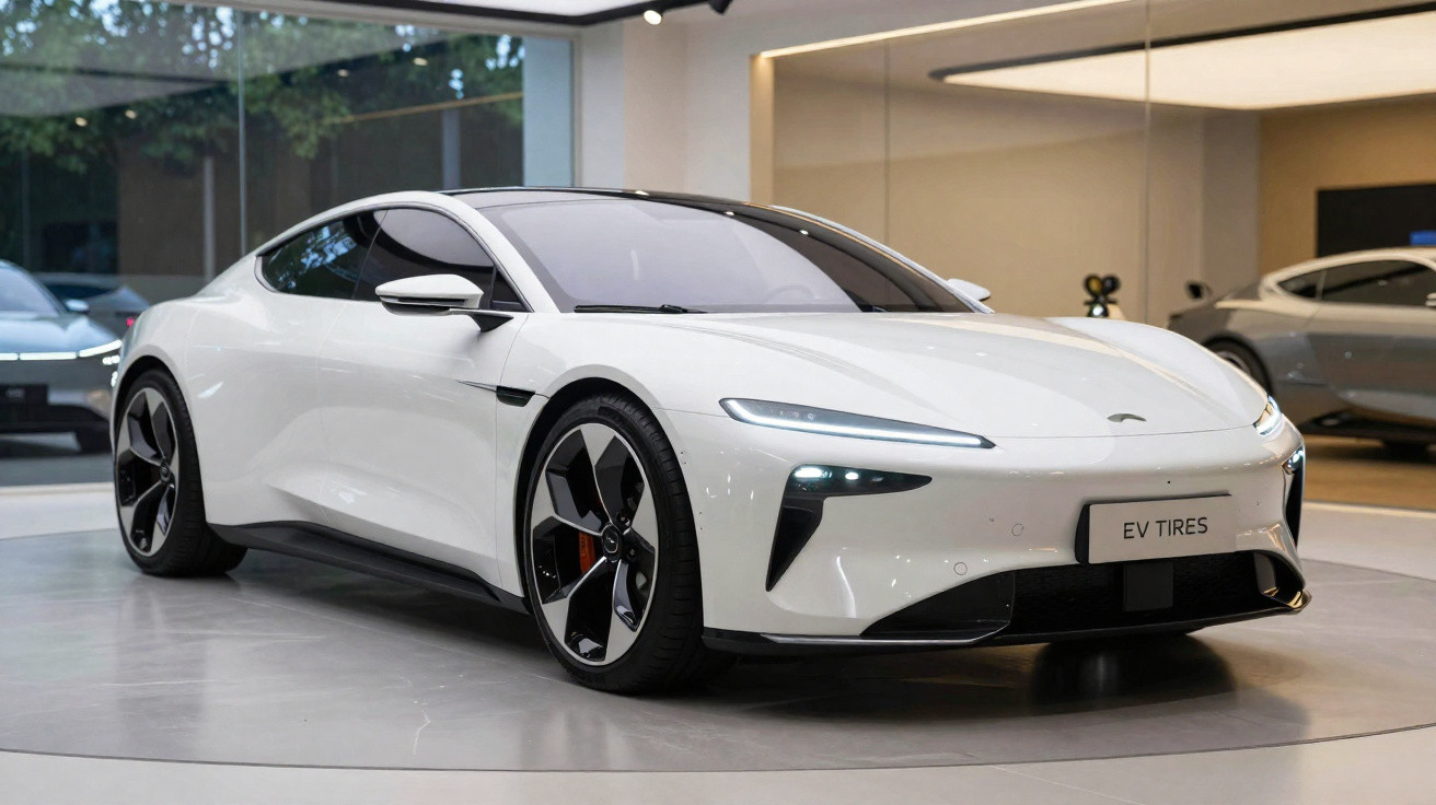 Carro esportivo elétrico branco em exposição dentro de showroom moderno com piso cinza.