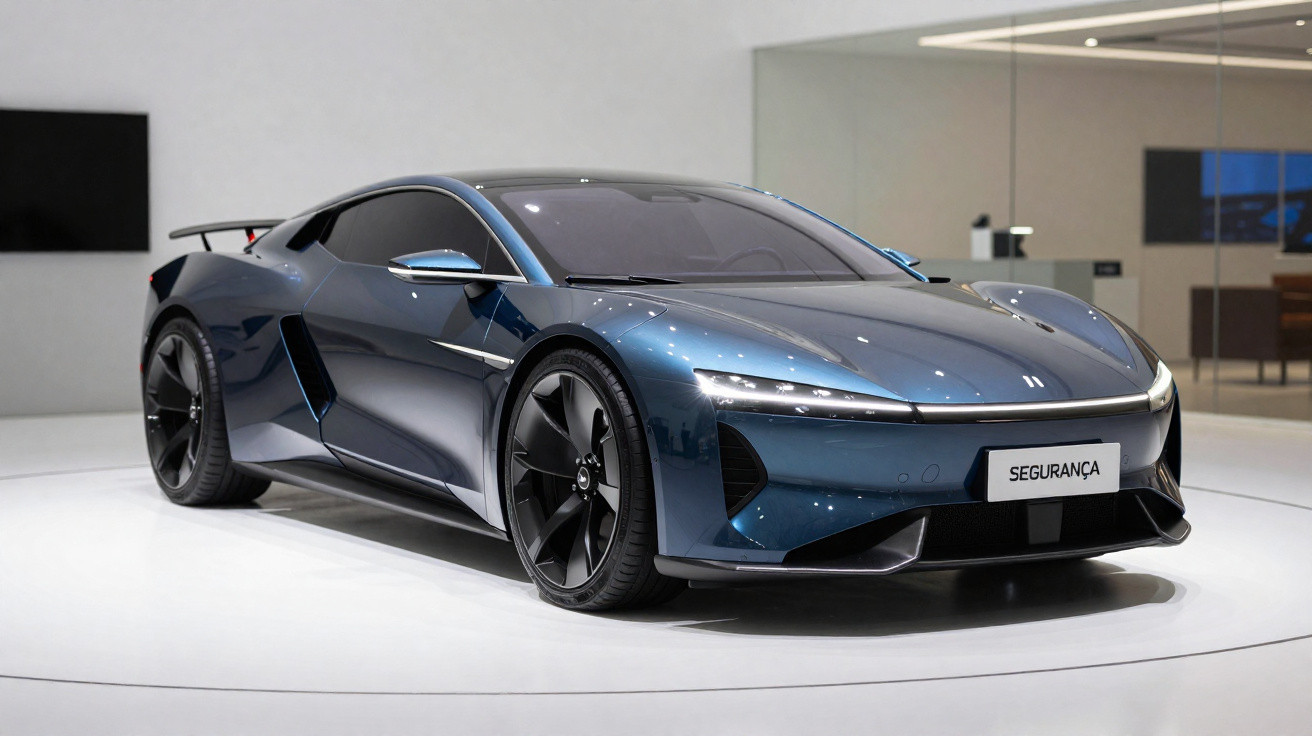Carro esportivo moderno azul metálico exibido em ambiente interno com placa escrita "Segurança".