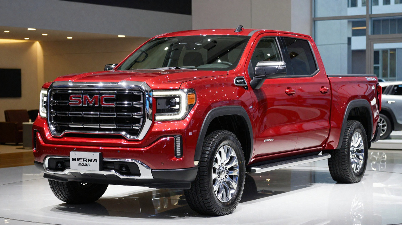 Picape GMC Sierra vermelha 2023 exibida em salão de automóveis com iluminação interna.