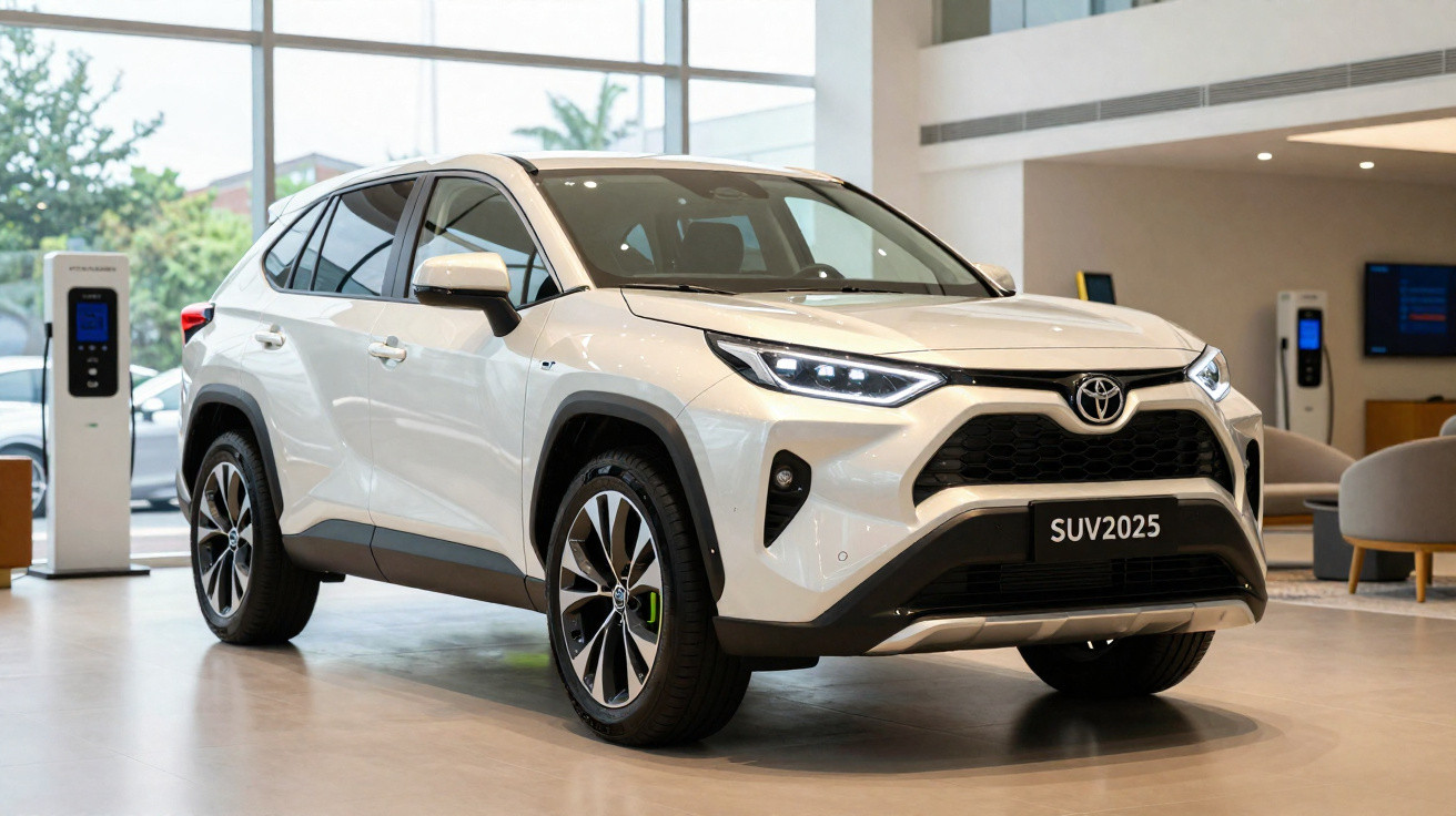 SUV branco da Toyota modelo 2025 em showroom moderno com iluminação natural e carregador elétrico ao fundo.