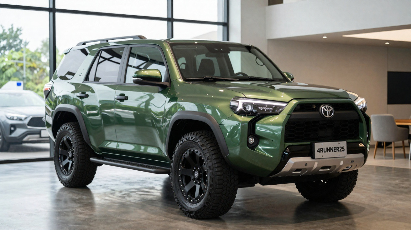 SUV Toyota 4Runner verde exibe design robusto em showroom moderno e iluminado.