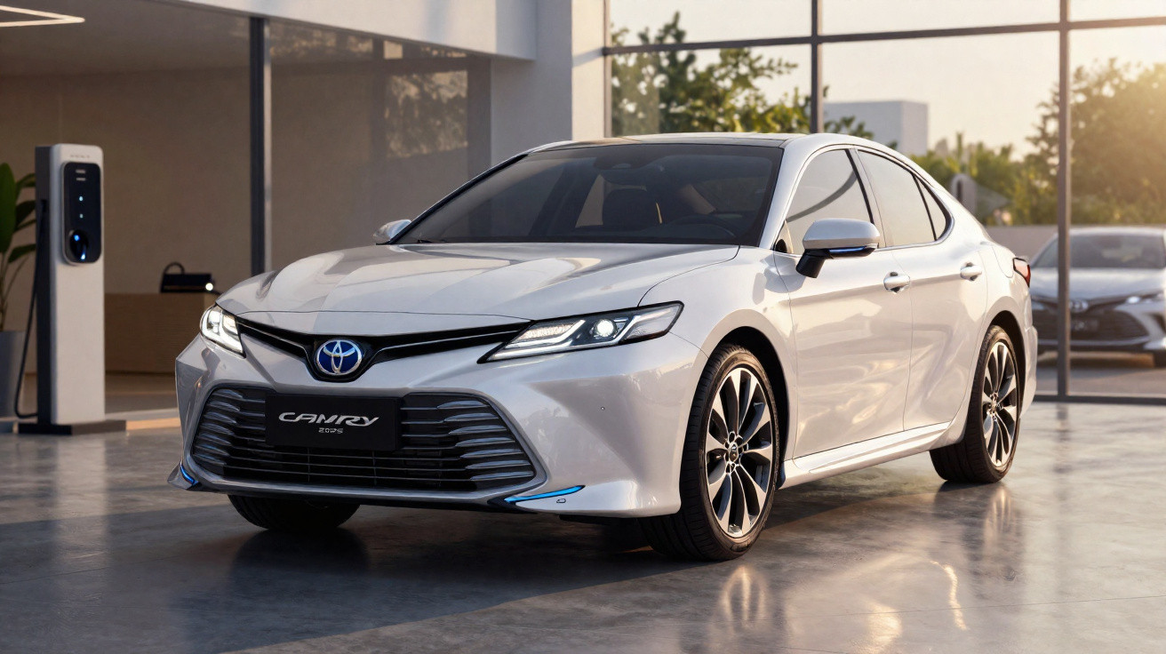 Carro sedan branco Toyota Camry híbrido estacionado em garagem moderna com parede de vidro.