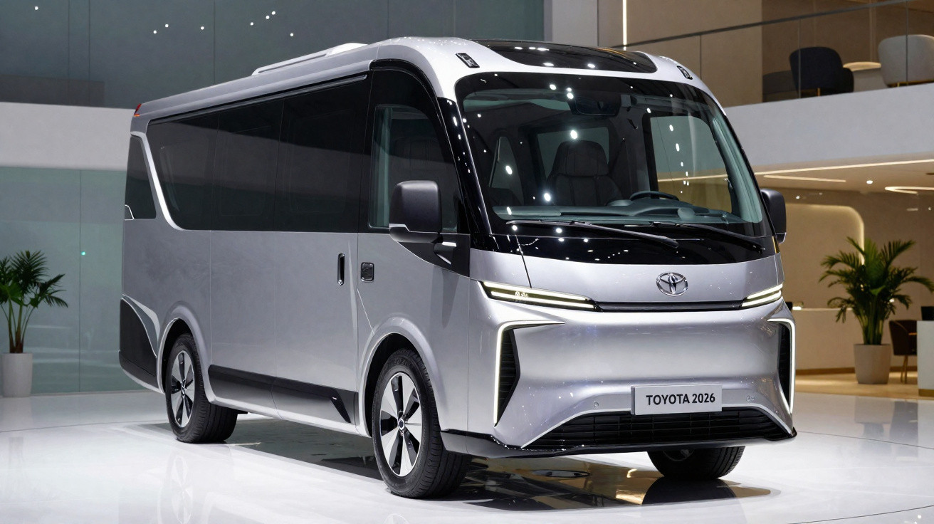 Van conceito prata Toyota 2026 estacionada em ambiente interno moderno e iluminado.
