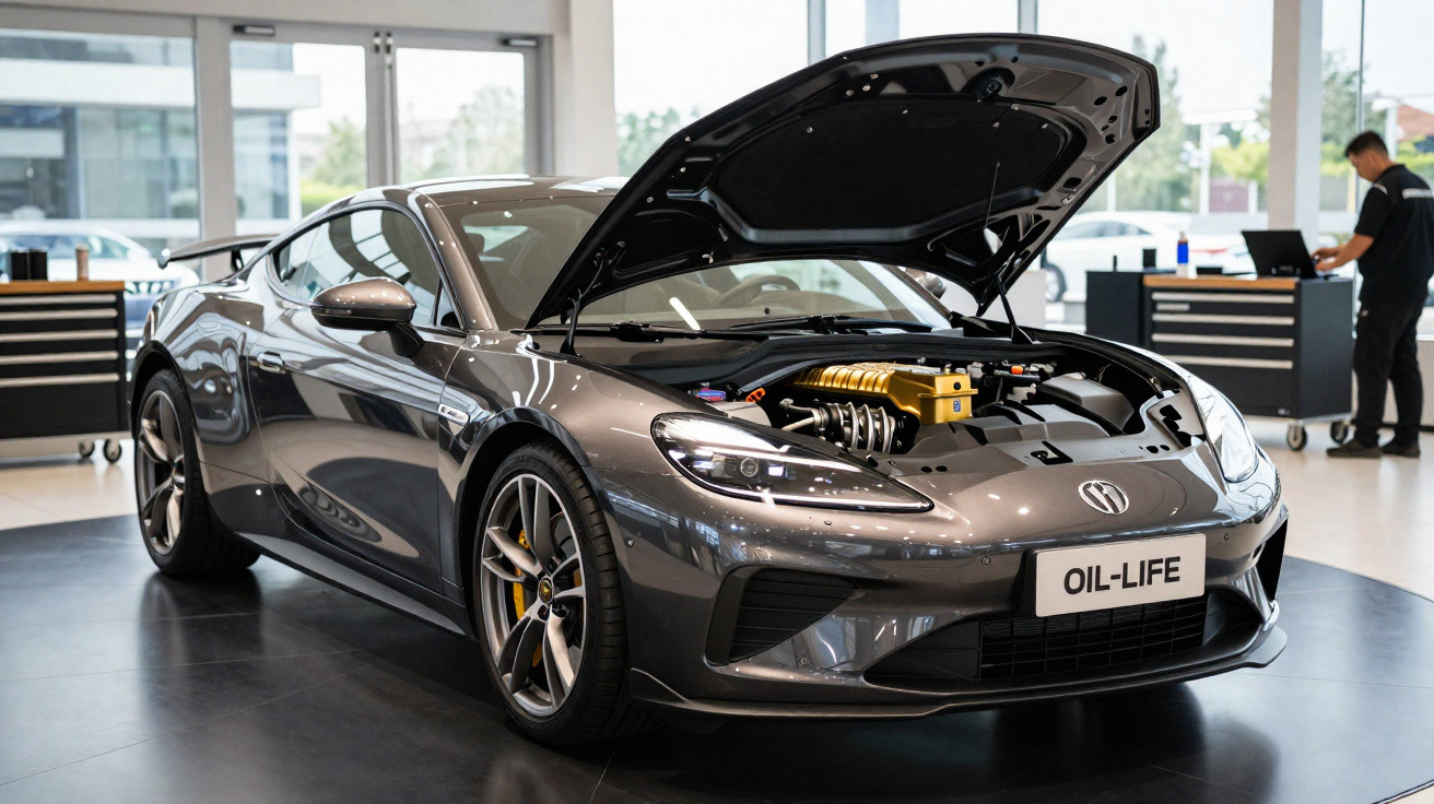 Carro esportivo cinza com capô aberto exibindo motor dourado em showroom moderno.
