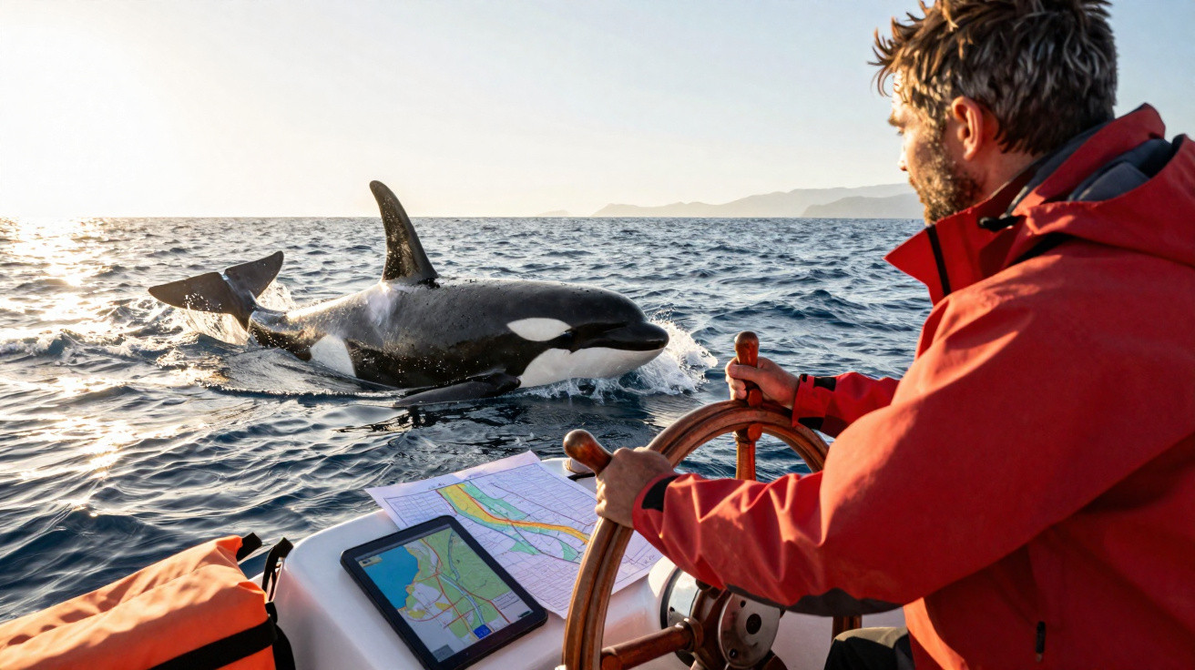 Homem em roupa vermelha navega em barco próximo a orca que emerge do mar sob luz do pôr do sol.