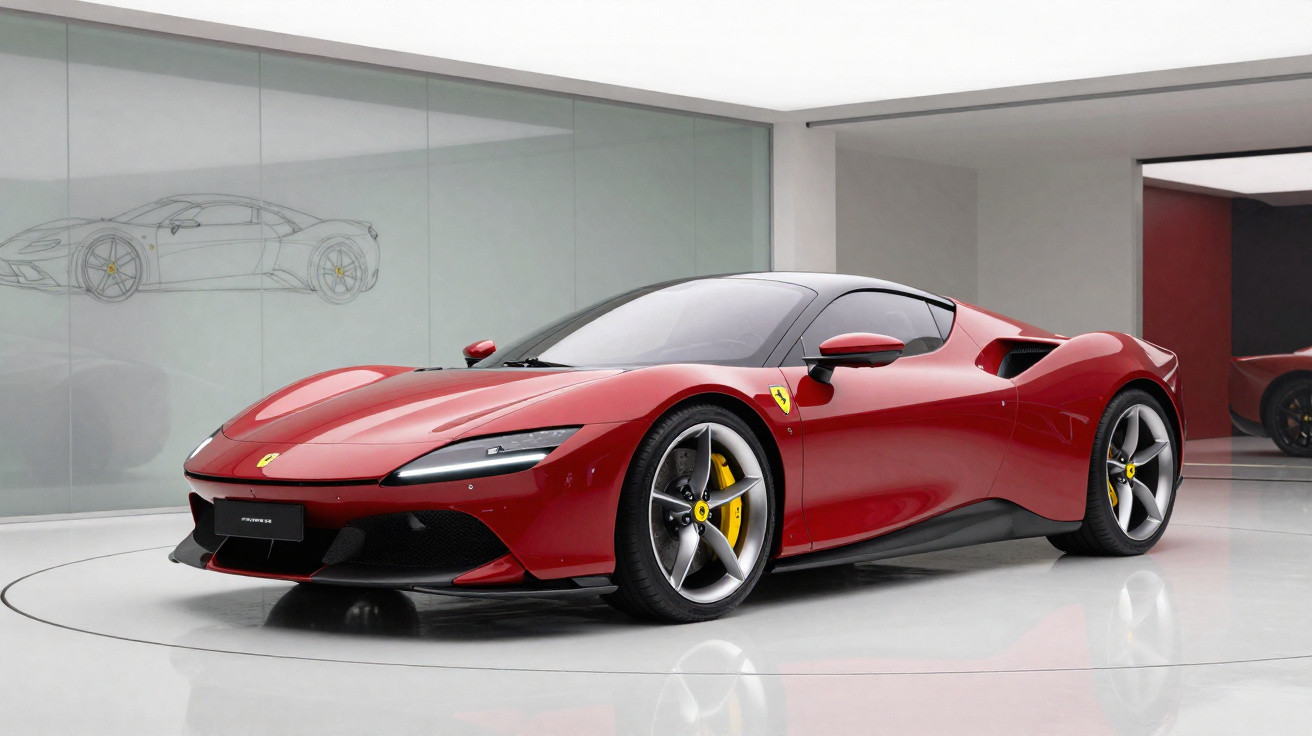 Carro esportivo Ferrari vermelho em showroom moderno com vidro e piso branco brilhante.