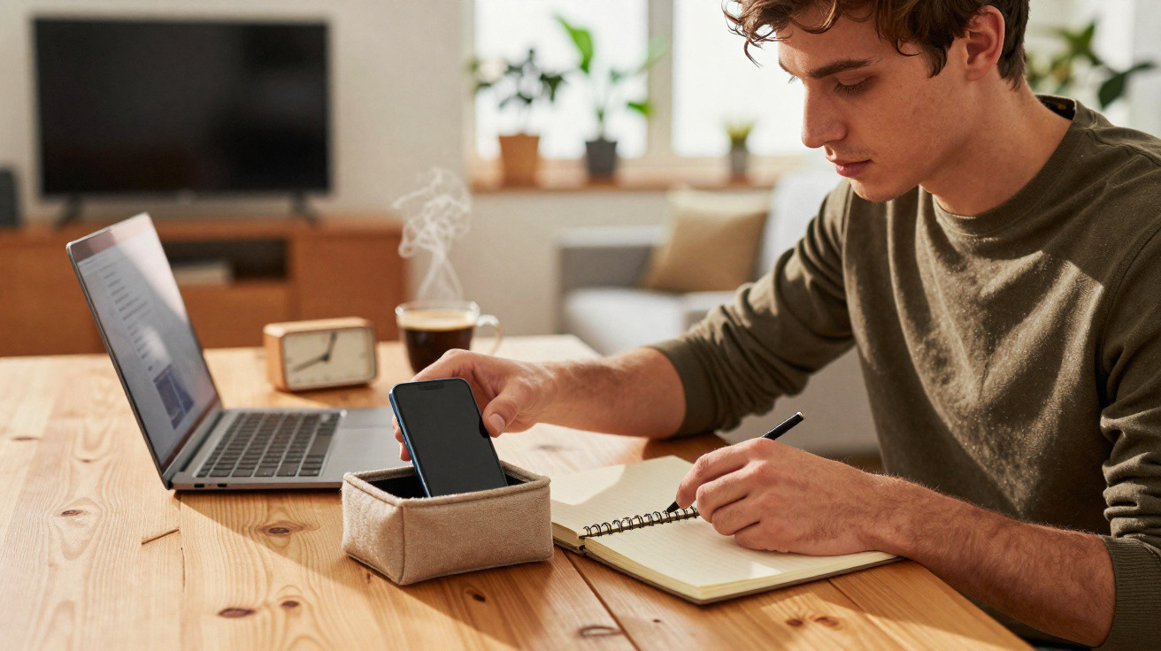 Homem sentado à mesa com laptop, escrevendo em caderno e segurando celular próximo a relógio e café.