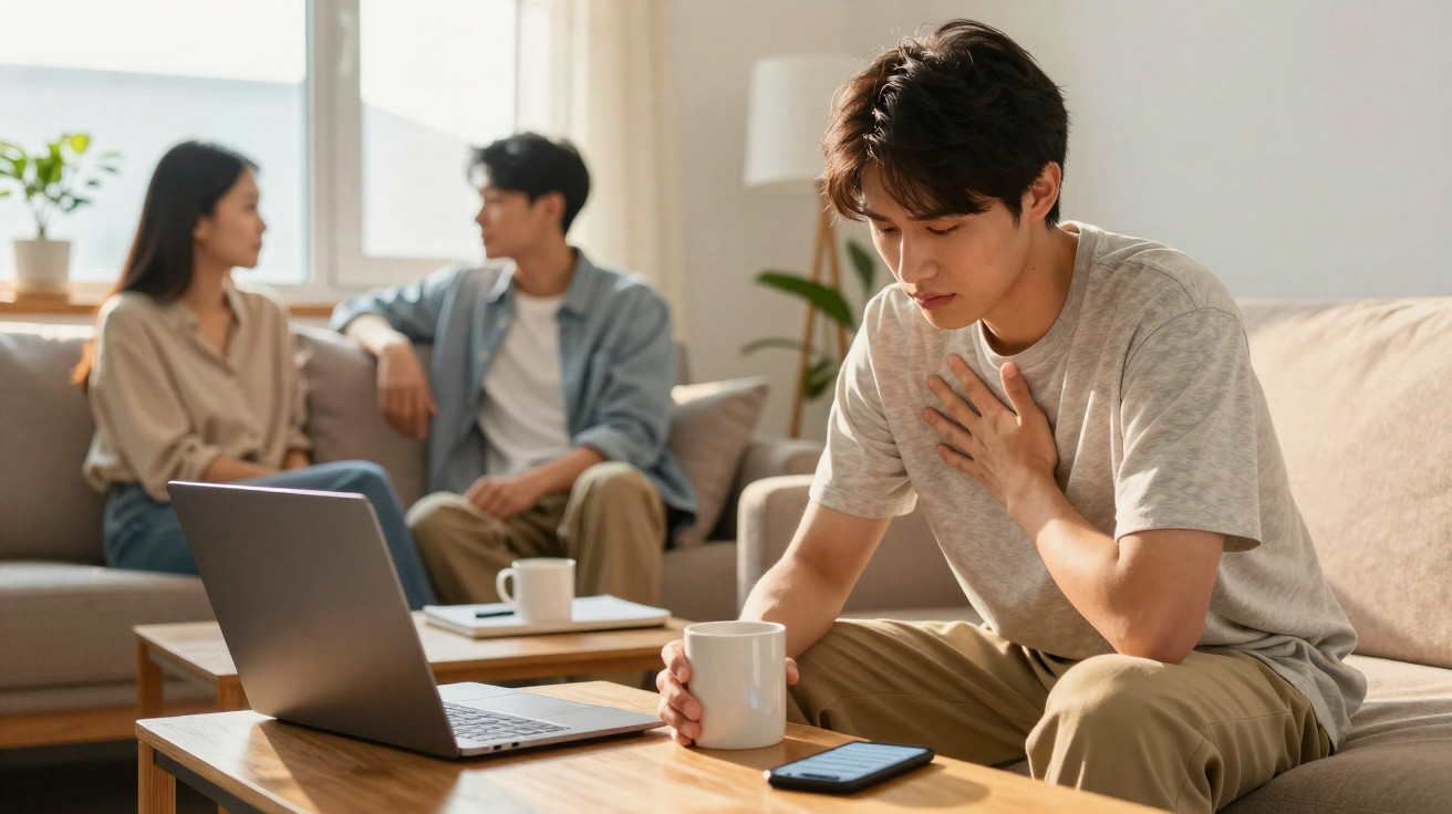 Jovem com mão no peito sentado no sofá, com laptop, celular e caneca, enquanto casal conversa ao fundo.