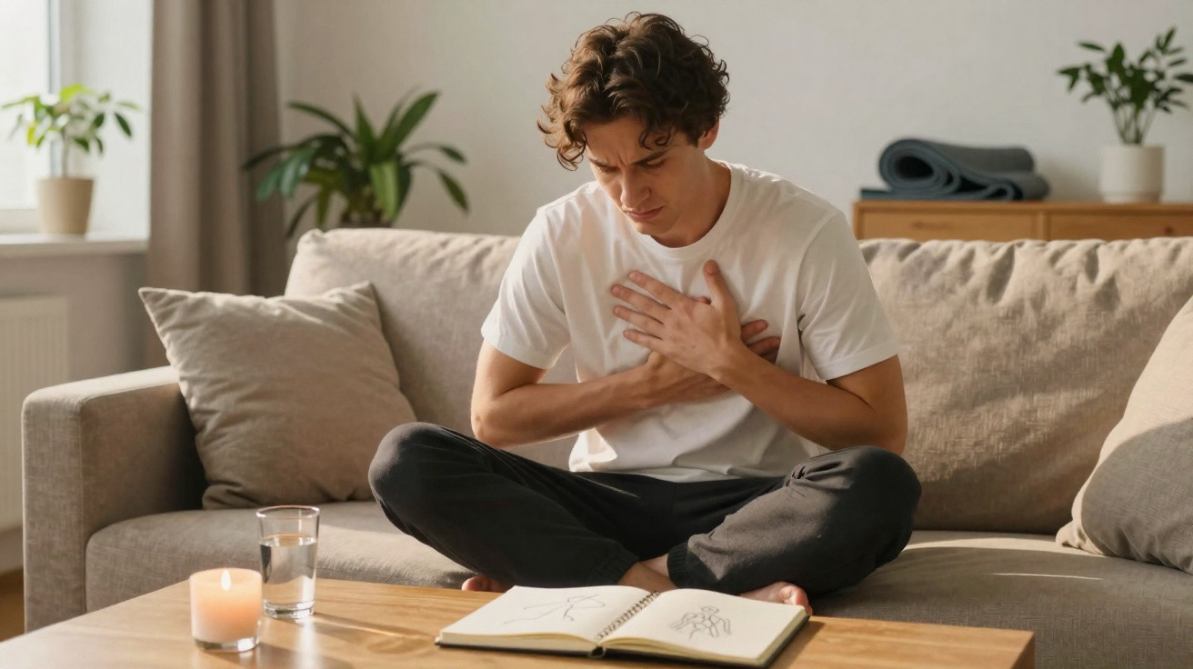 Homem sentado no sofá com expressão de dor segurando o peito enquanto lê um livro aberto na mesa.