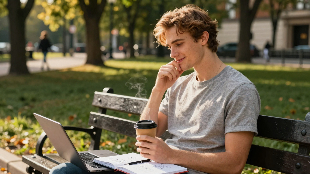 Jovem sentado em banco no parque usando laptop e segurando copo de café fumegante.
