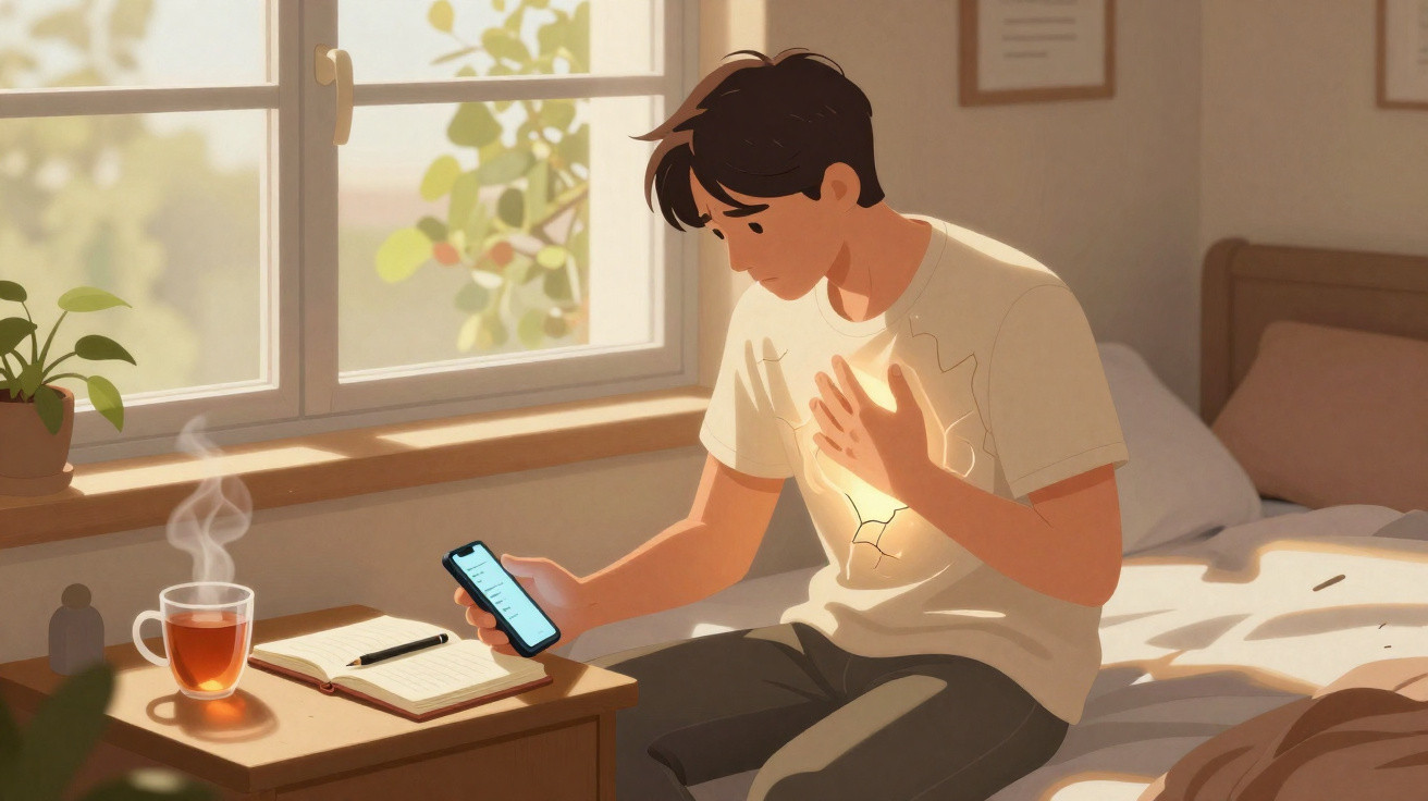 Jovem sentado na cama, olhando para o celular com expressão de dor no peito em ambiente iluminado.