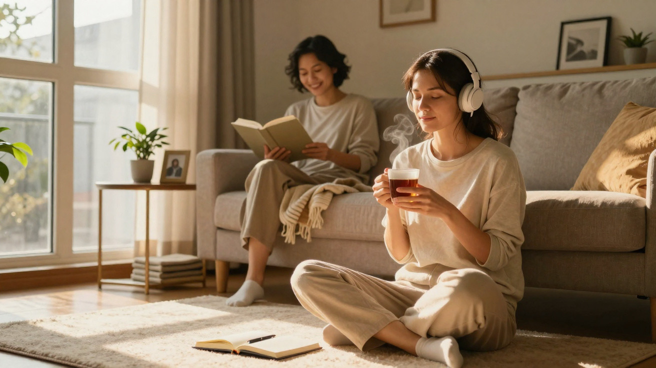 Duas mulheres relaxando na sala, uma bebe chá com fones e outra lê livro no sofá iluminado pelo sol.