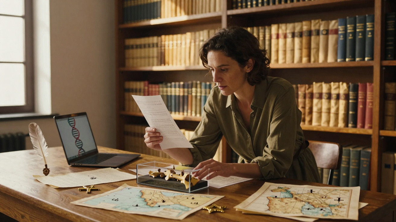 Mulher analisando mapa e documentos em mesa com notebook e estante cheia de livros ao fundo.