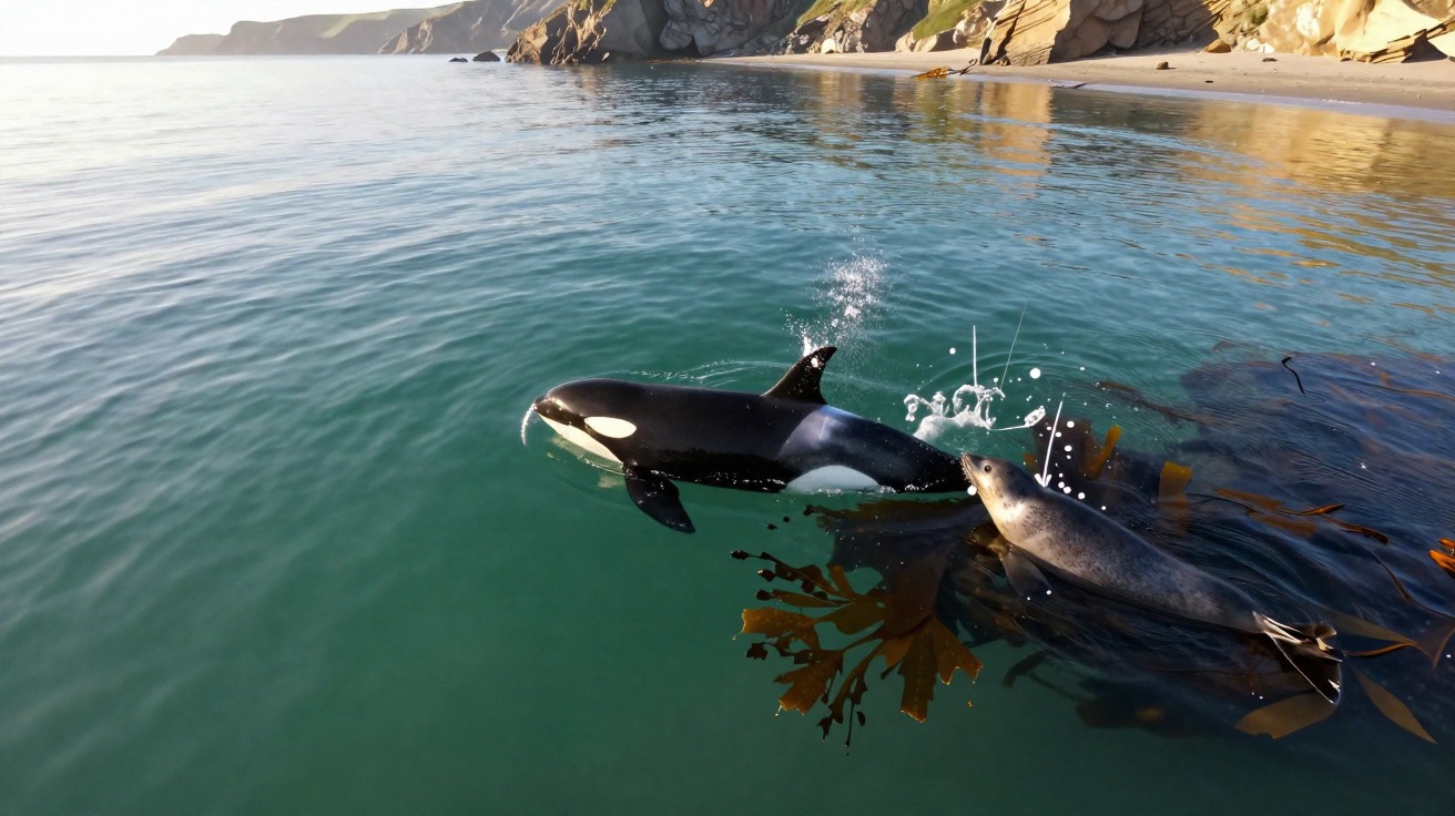 Orca nadando perto de uma foca em águas costeiras com montanhas e praia ao fundo.
