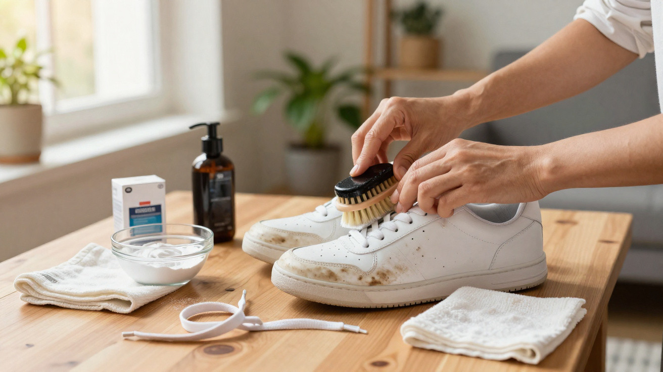 Pessoas limpando tênis branco sujo com escova e produtos de limpeza sobre mesa de madeira.