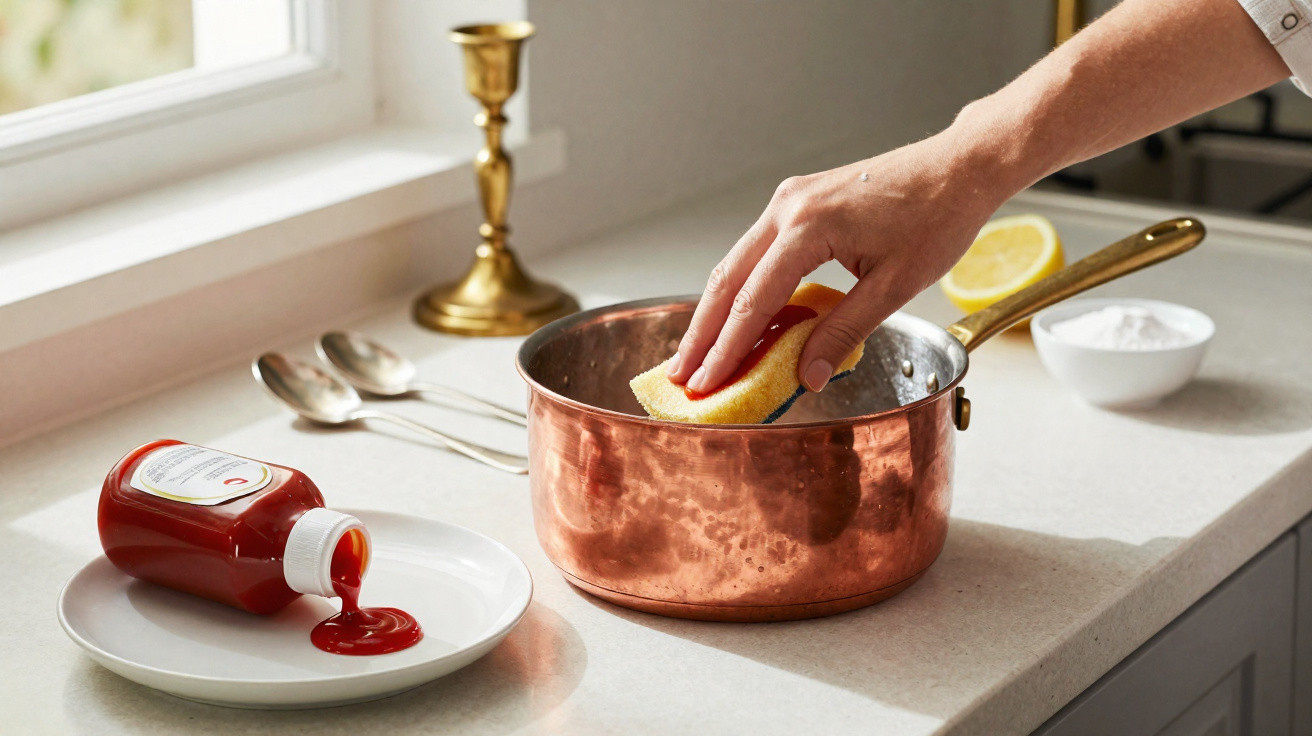 Mão limpando panela de cobre com esponja em cozinha clara, ao lado ketchup derramado em prato branco.