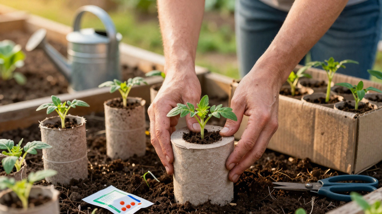 Mãos transplantando muda de planta em vaso biodegradável, com regador e tesoura ao fundo em jardim.