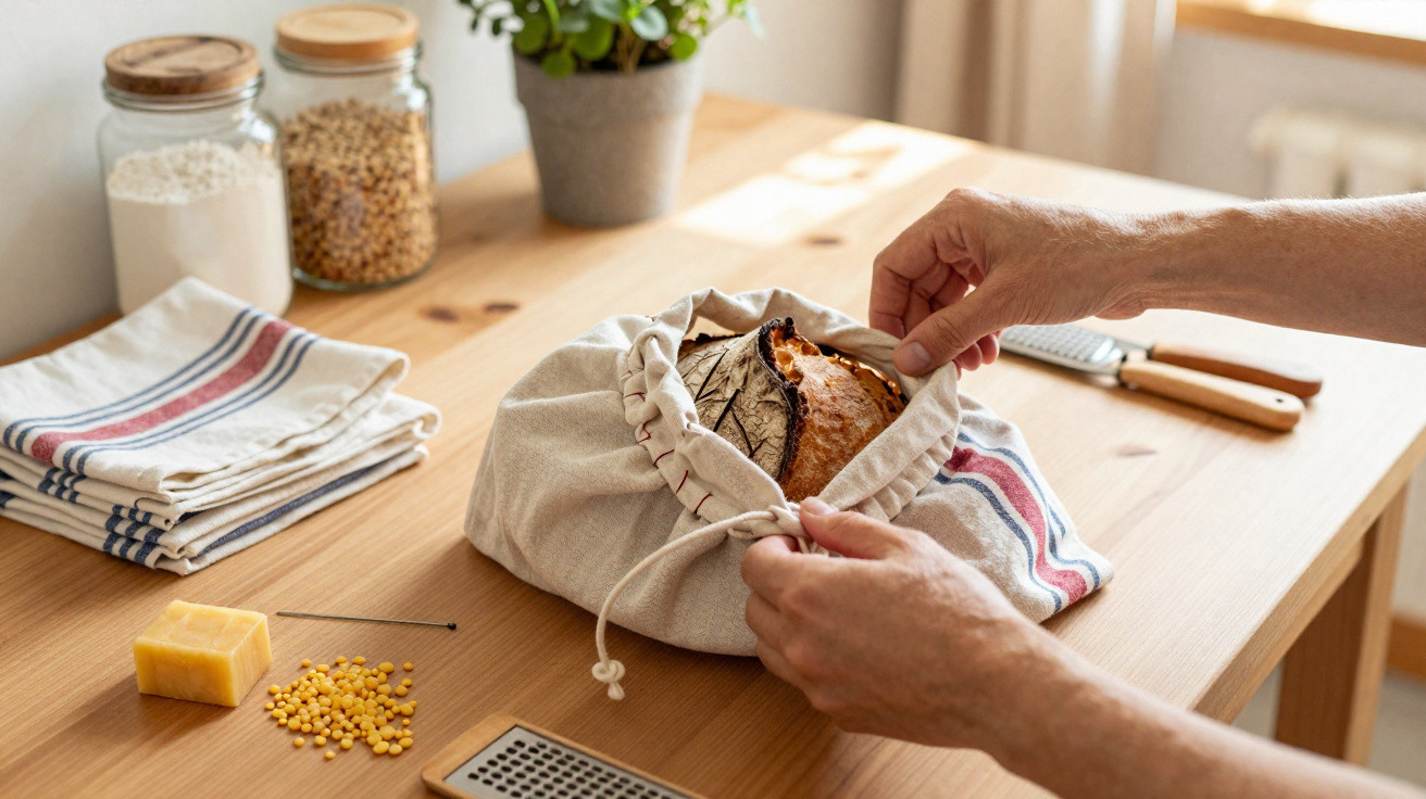 Mãos abrindo saco de tecido com pão artesanal sobre mesa com utensílios e ingredientes na cozinha.