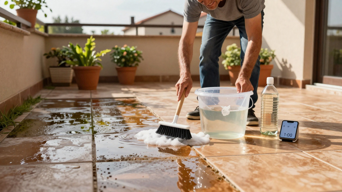 Homem limpando piso externo com escova, balde com água e garrafa em área com plantas.