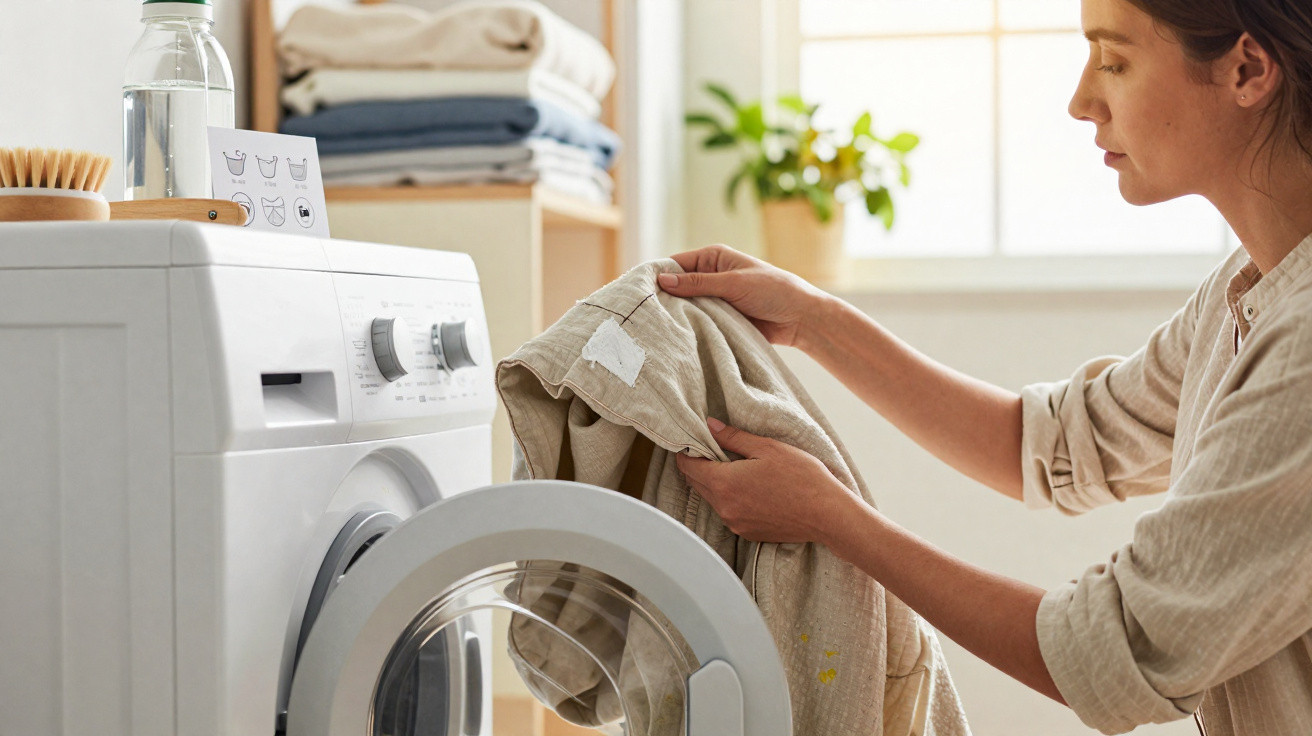Mulher colocando roupa na máquina de lavar branca em lavanderia com roupas dobradas ao fundo.