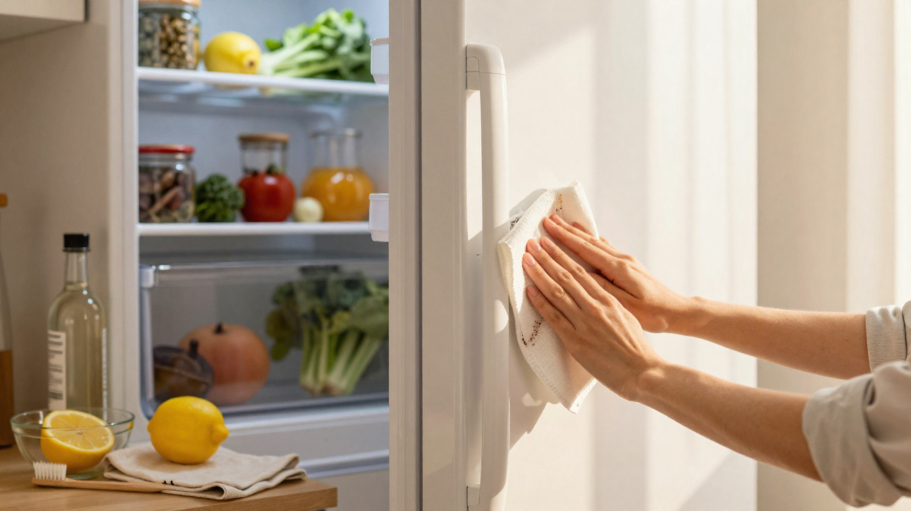 Mãos limpando a porta de uma geladeira branca na cozinha com alimentos frescos ao fundo.