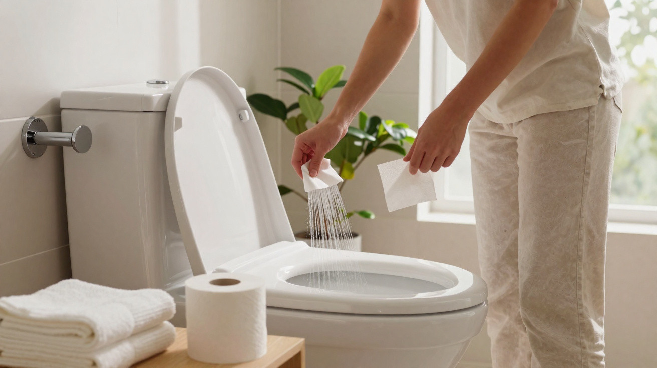 Pessoa limpando o vaso sanitário com papel higiênico em banheiro claro e organizado.