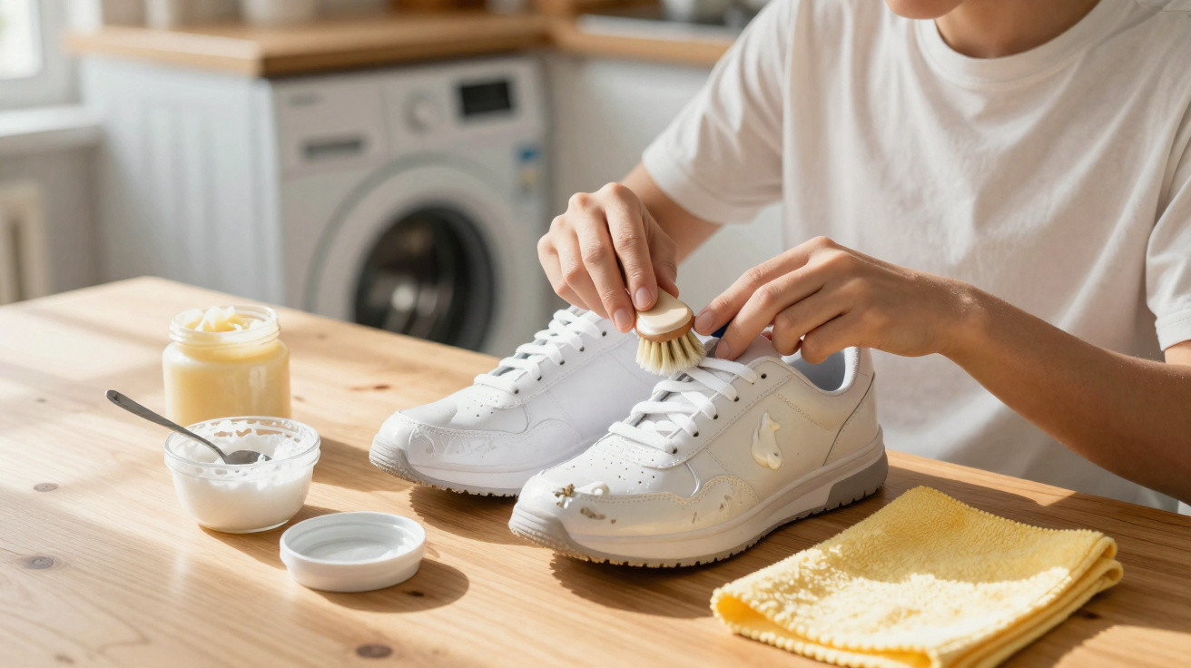 Pessoa limpando tênis branco com escova, pano amarelo e produtos de limpeza sobre mesa de madeira.