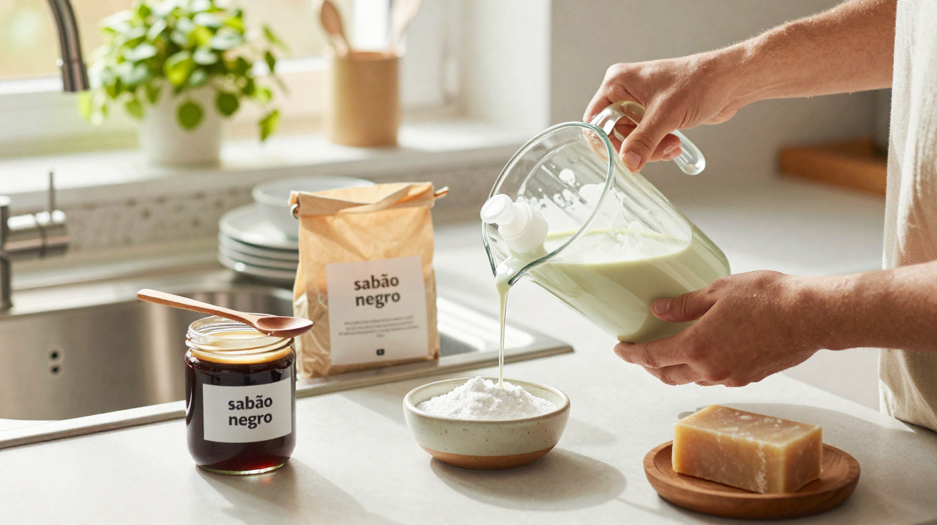 Pessoa despejando líquido em recipiente com pó branco na bancada da cozinha, junto a produtos rotulados "sabão negro".
