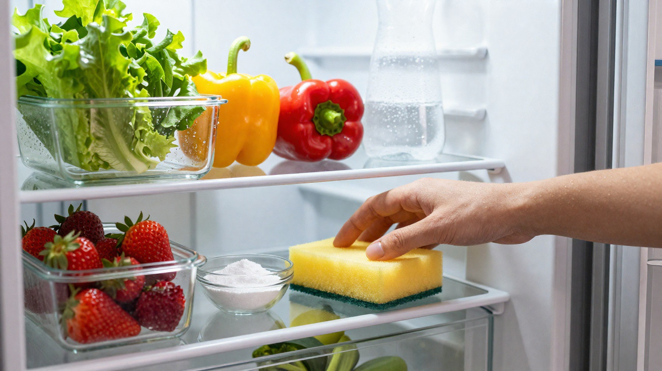 Mão limpando a prateleira da geladeira com esponja amarela, ao lado de frutas, legumes e potes.