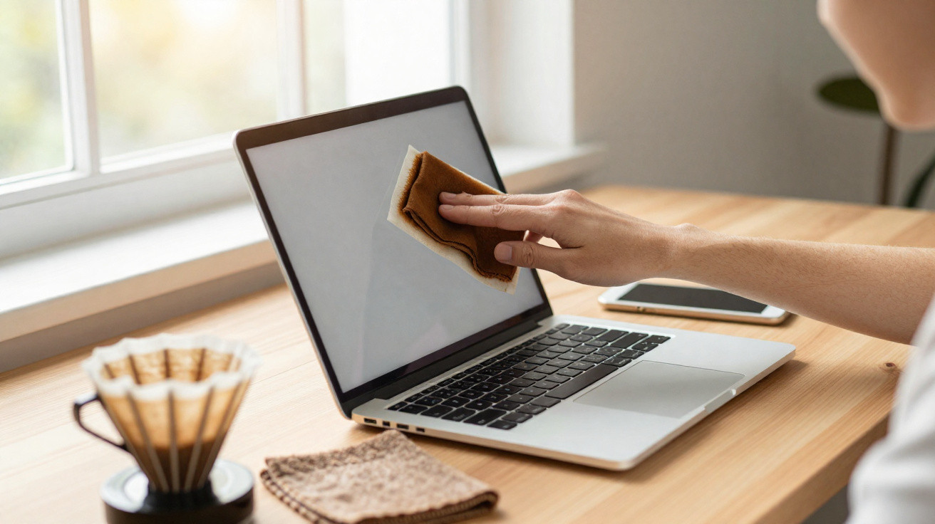 Pessoa limpando a tela de um notebook com um pano marrom em mesa de madeira próximo à janela.