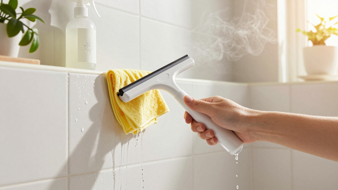 Mão segurando limpador de vidro branco limpando azulejos molhados com pano amarelo e vapor ao fundo.