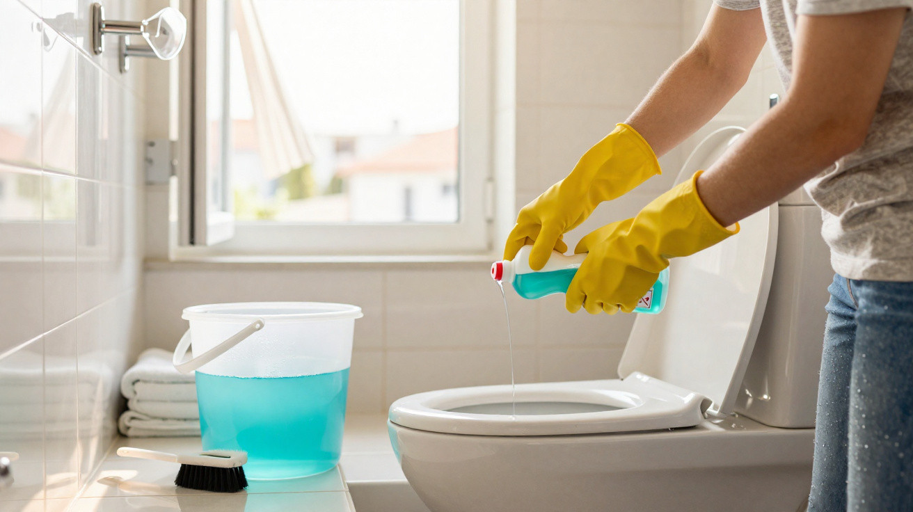 Pessoa usando luvas amarelas aplicando produto de limpeza em vaso sanitário em banheiro claro.