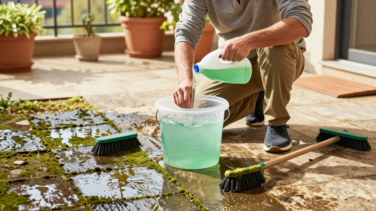 Pessoa mistura detergente em balde com água para limpar piso de pedras com musgo e sujeira.
