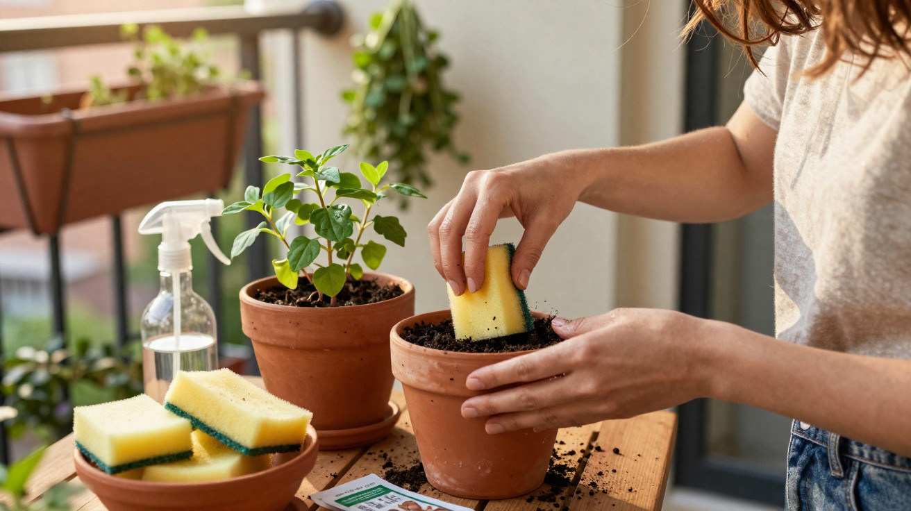 Pessoa usando esponja para adubar vaso com planta em varanda ensolarada, ao lado de borrifador e mudas.