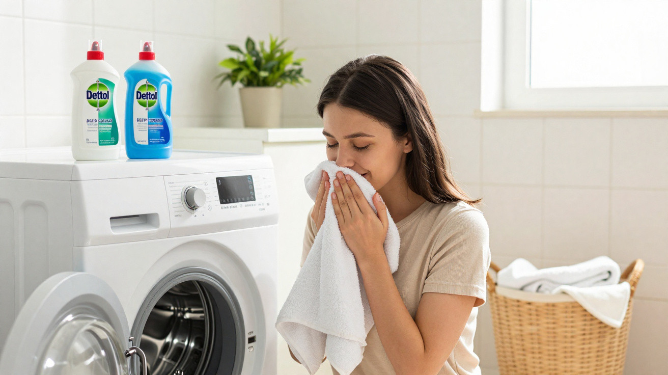Mulher cheirando toalha branca ao lado de máquina de lavar com produtos de limpeza Dettol.
