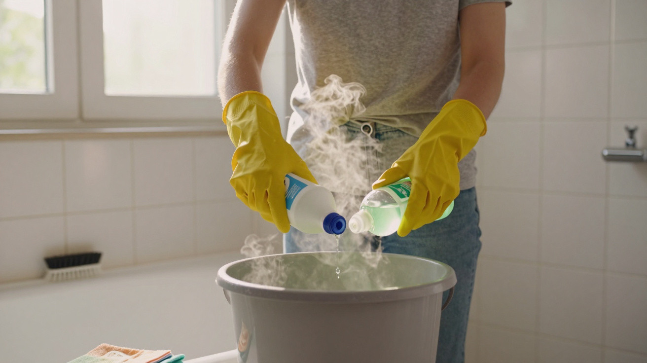 Pessoa com luvas amarelas misturando produtos de limpeza em balde cinza em banheiro.