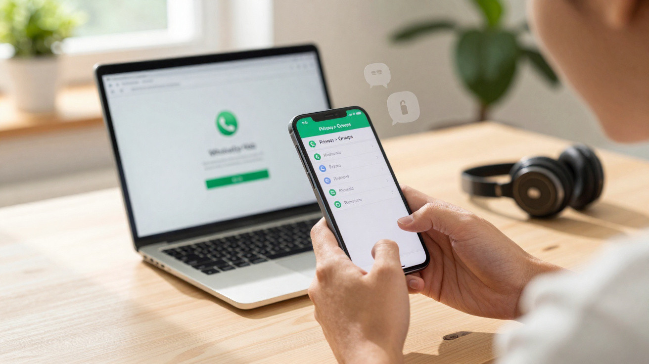 Pessoa segurando celular com WhatsApp aberto e notebook com WhatsApp Web em mesa com fones e planta.