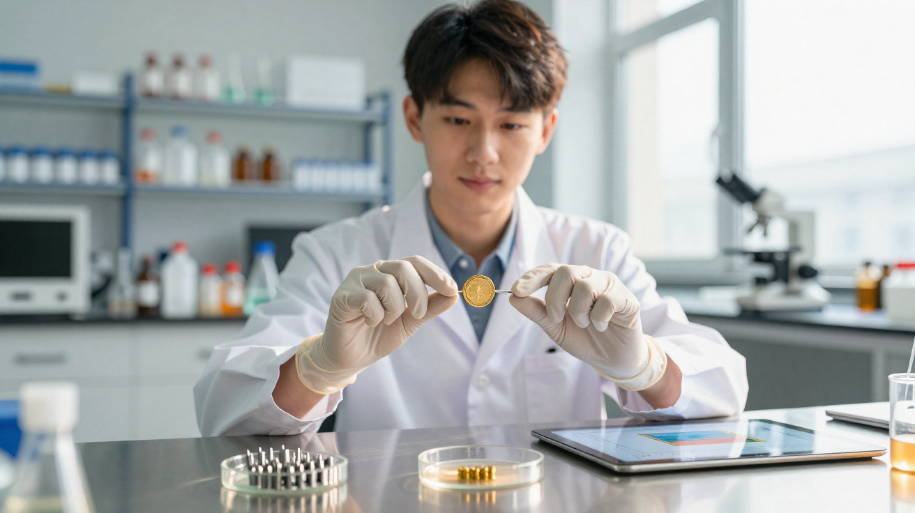 Cientista em laboratório segurando uma moeda dourada com luvas latex branca, à mesa com equipamentos.