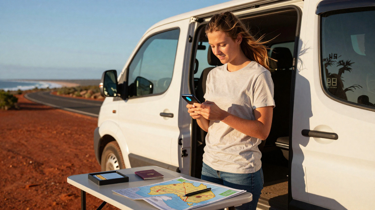 Mulher usando celular ao lado de van branca com mesa e mapa aberto em estrada deserta.