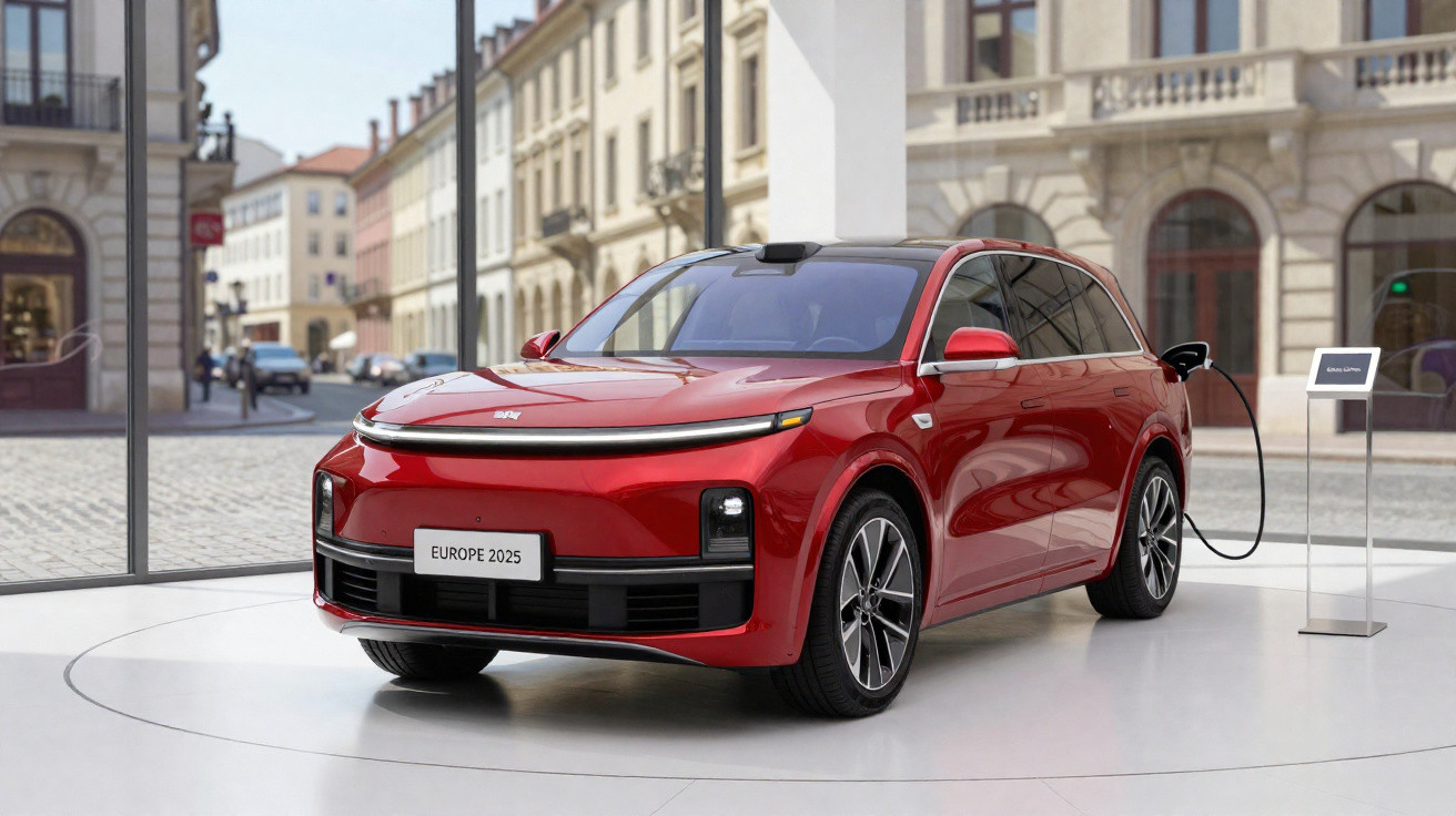 Carro elétrico vermelho moderno em uma vitrine com cenário urbano ao fundo.