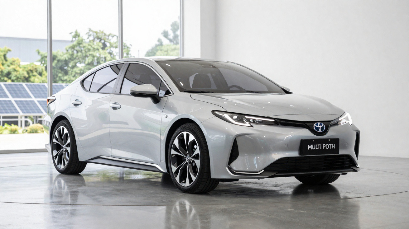 Carro sedã cinza prata Toyota Multi Poth exibido em ambiente interno com piso cinza e luz natural.