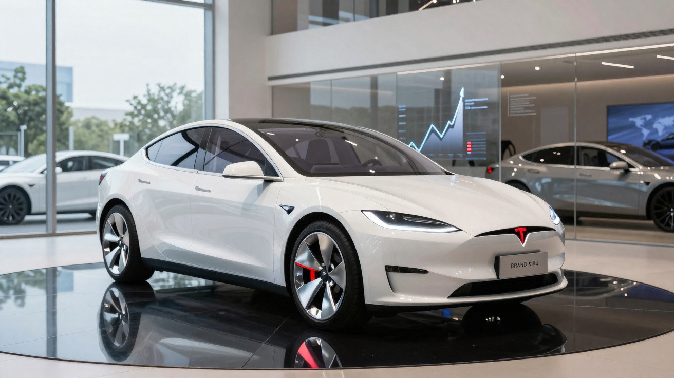 Carro elétrico branco Tesla Model S em exposição dentro de showroom moderno com grandes janelas.