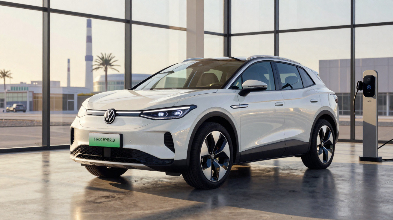 Carro elétrico branco Volkswagen T-Roc Hybrid estacionado em garagem moderna com carregador elétrico ao lado.